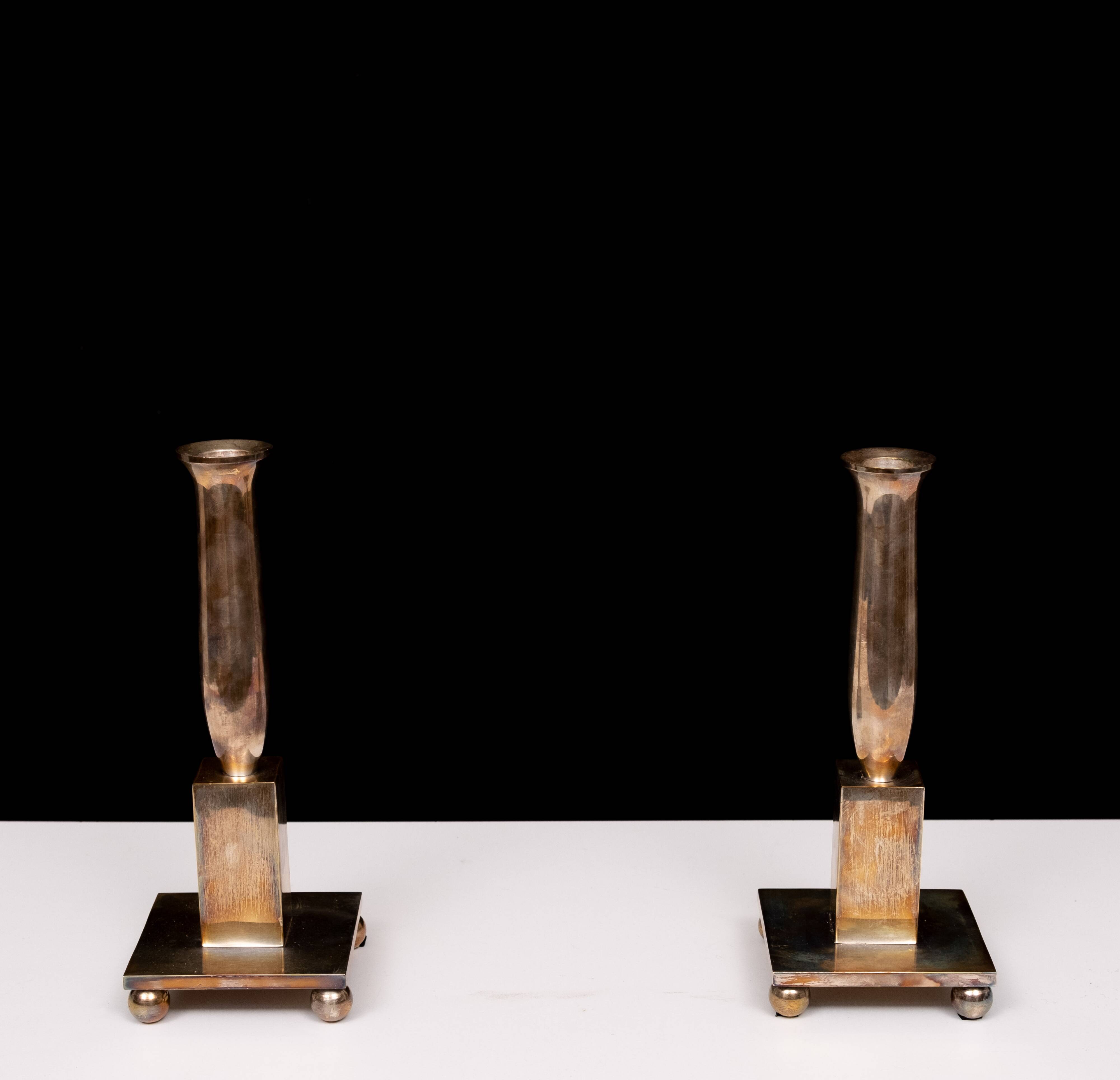 Modernistic silver plated bronze candle sticks Early 20th Century