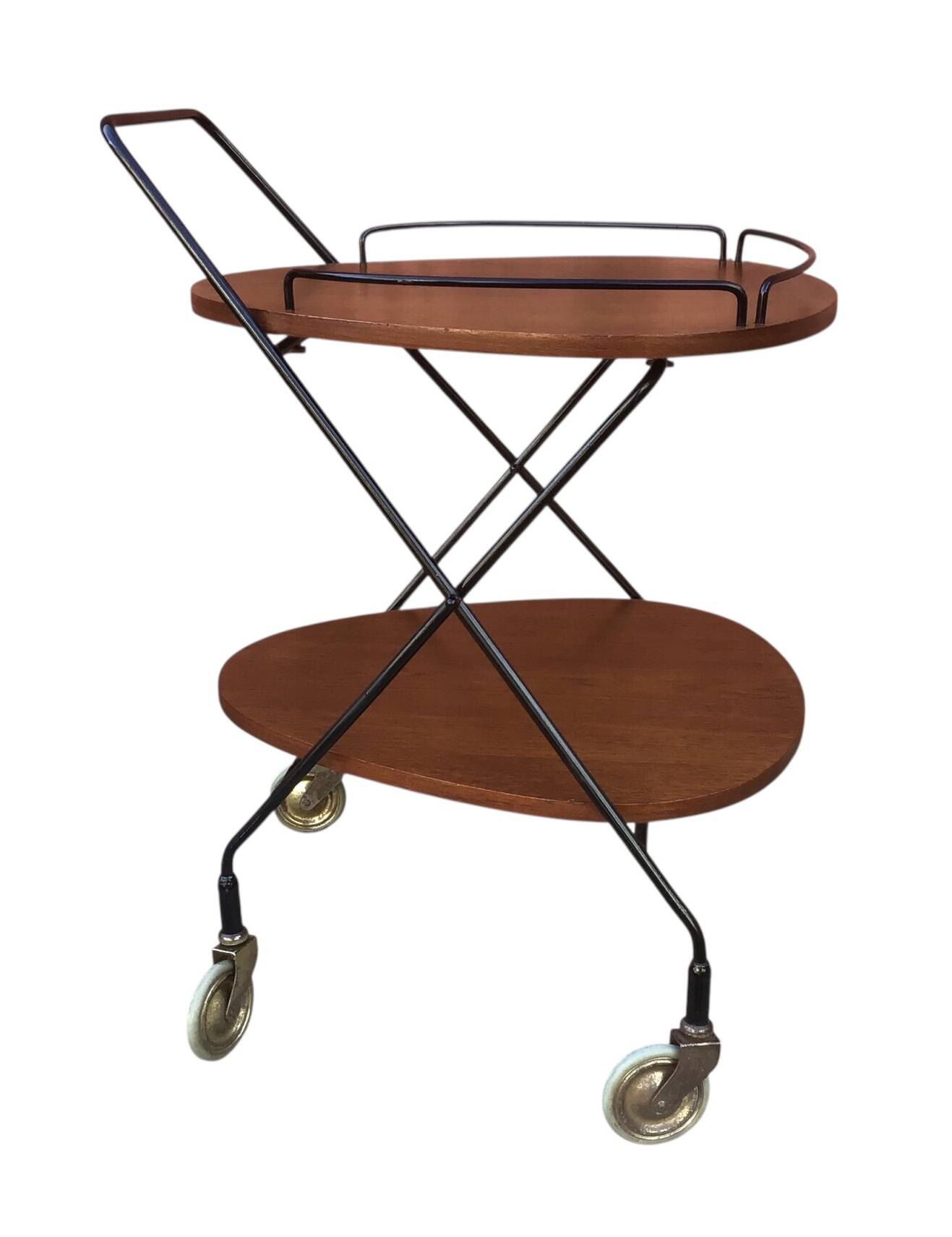 Vintage Scandinavian serving trolley in teak and metal, metal wheels, 1960s
