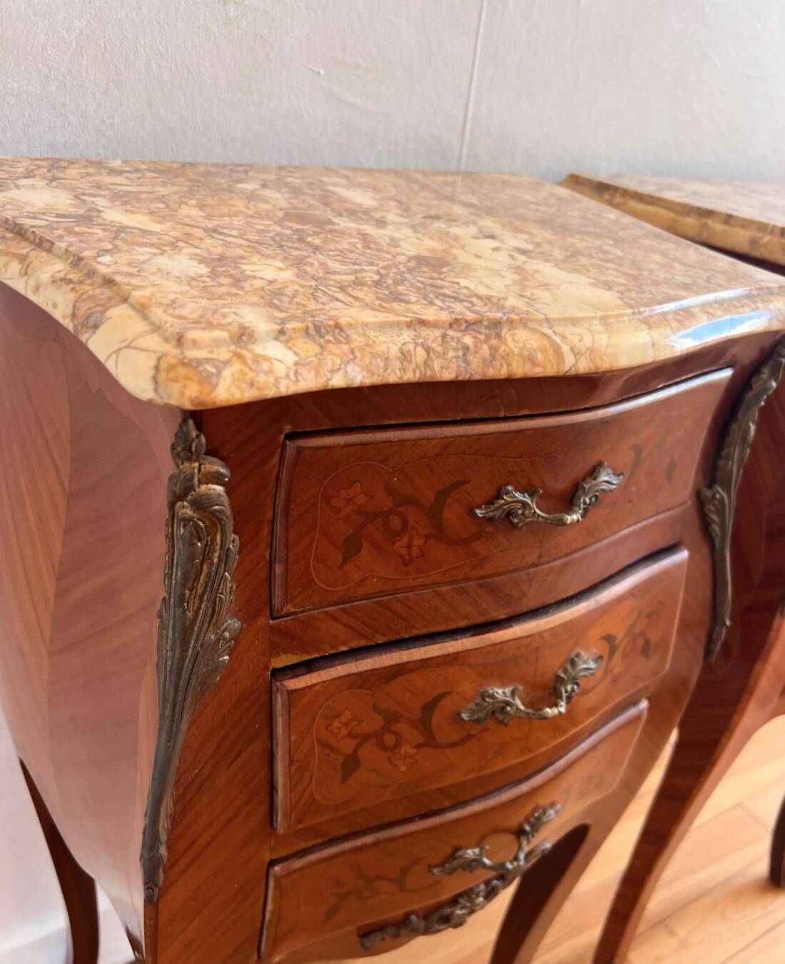 Pair of Vintage French Nightstands, Set of Rosewood Bedside Tables with Mar