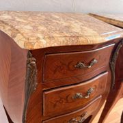 Pair of vintage French bedside tables, set of rosewood nightstands with marquetry.