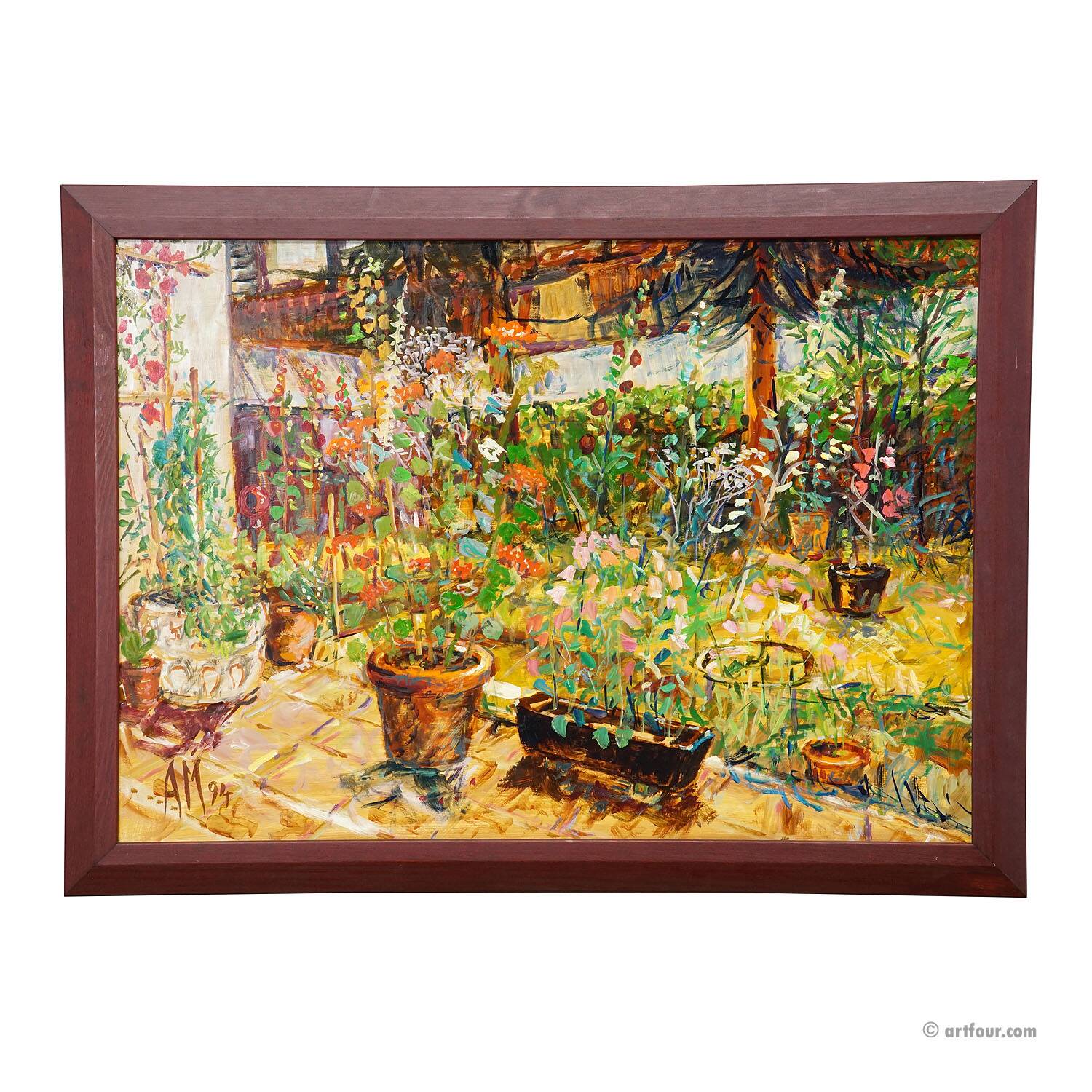 Terrasse avec pot de géranium, 1994 – Peinture à l'huile par Alexander Michael
