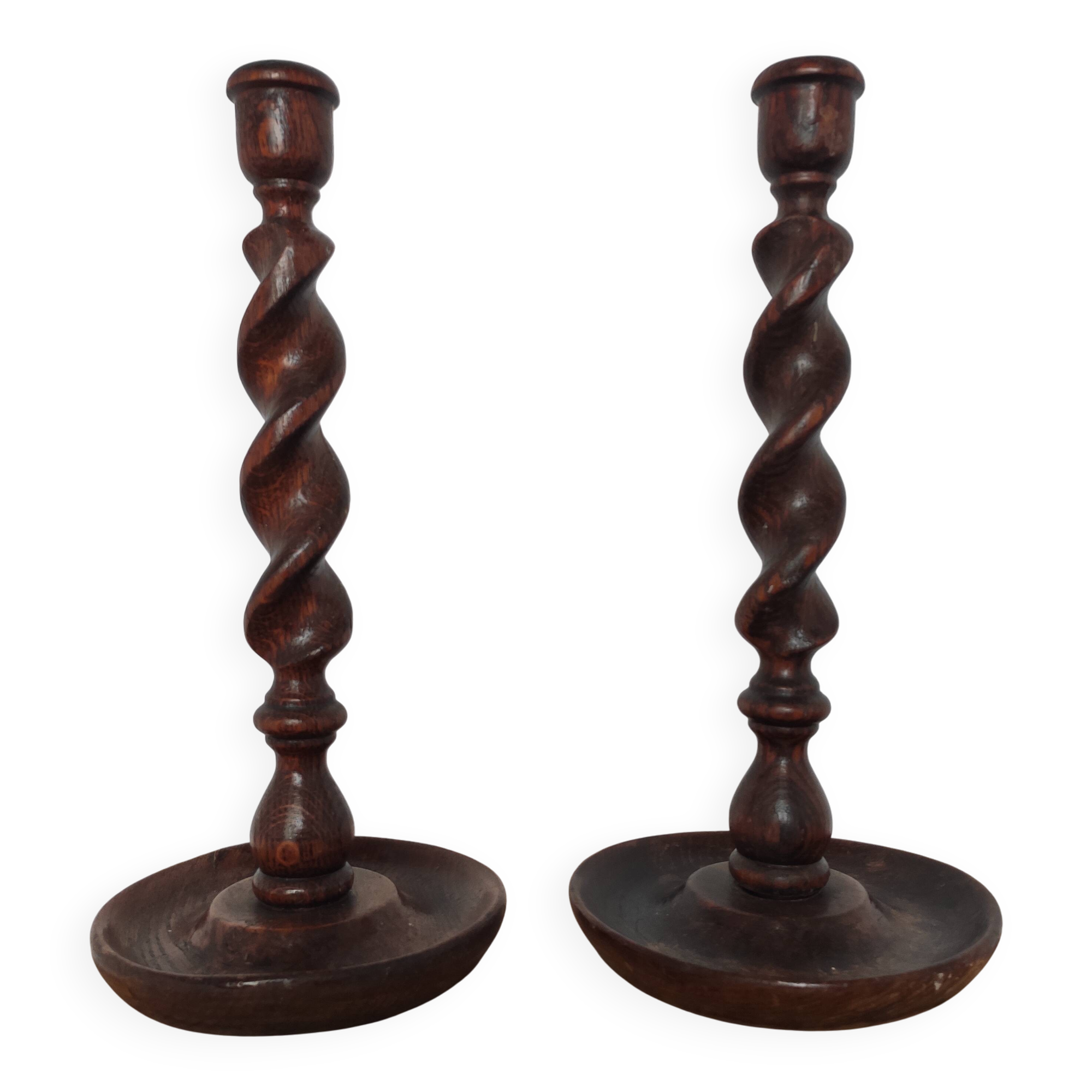Pair of antique English turned wood candlesticks