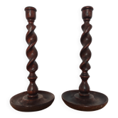 Pair of antique English turned wood candlesticks