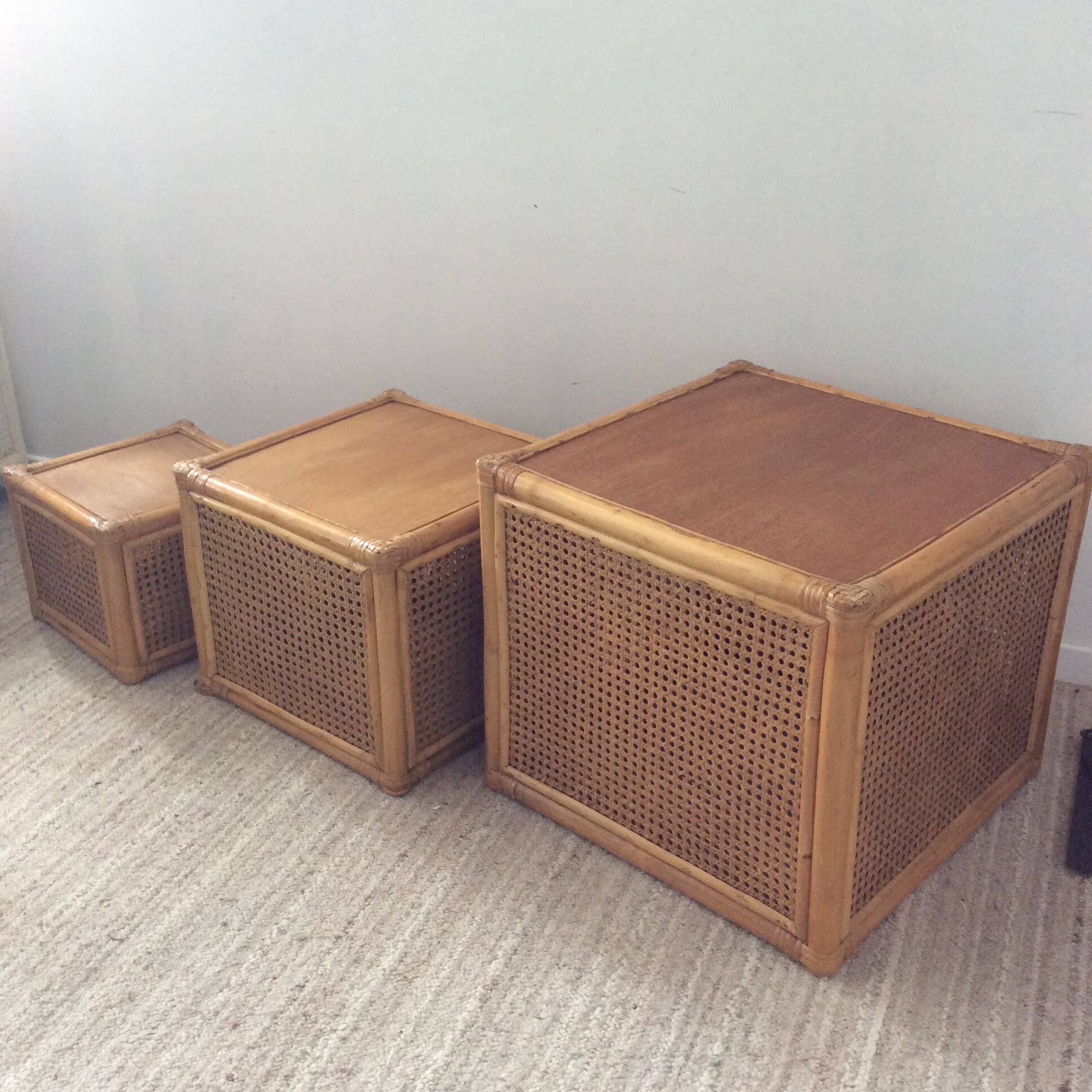 Trio of vintage tables in canning and rattan