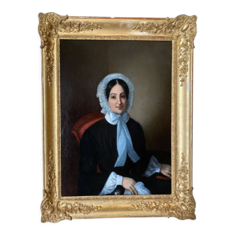 Huile sur toile portrait de femme à la coiffe milieu XIX