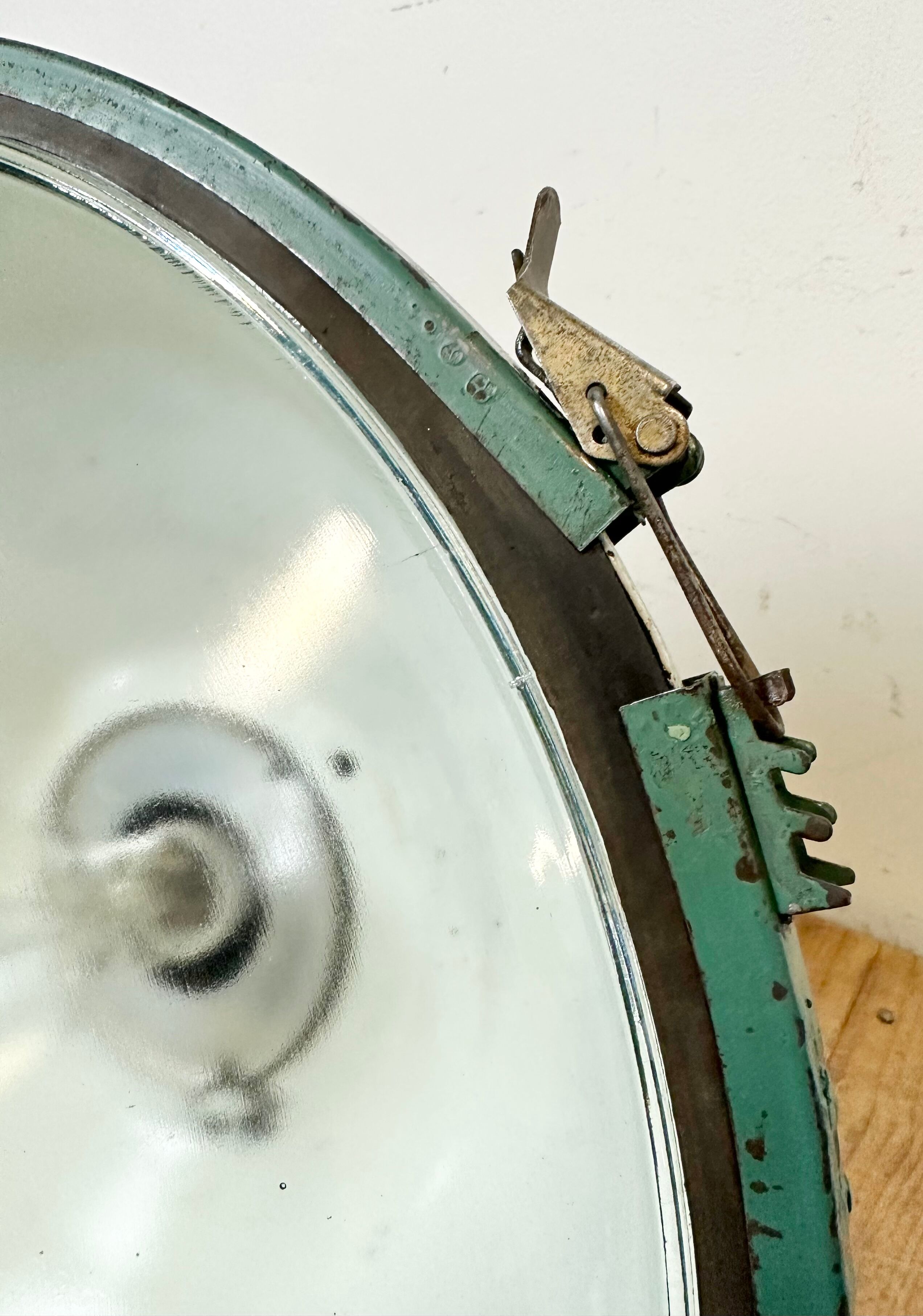 Industrial soviet green enamel pendant light with glass cover, 1960s