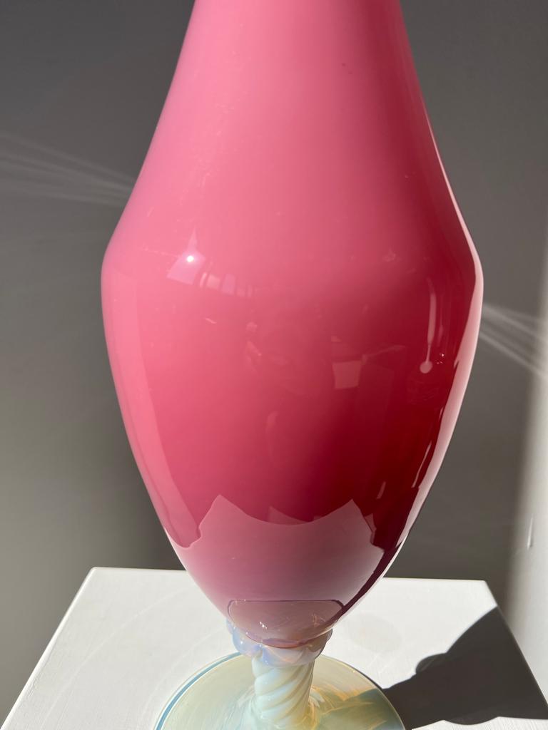 Vintage pink opaline glass vase, white foot h: 53cm