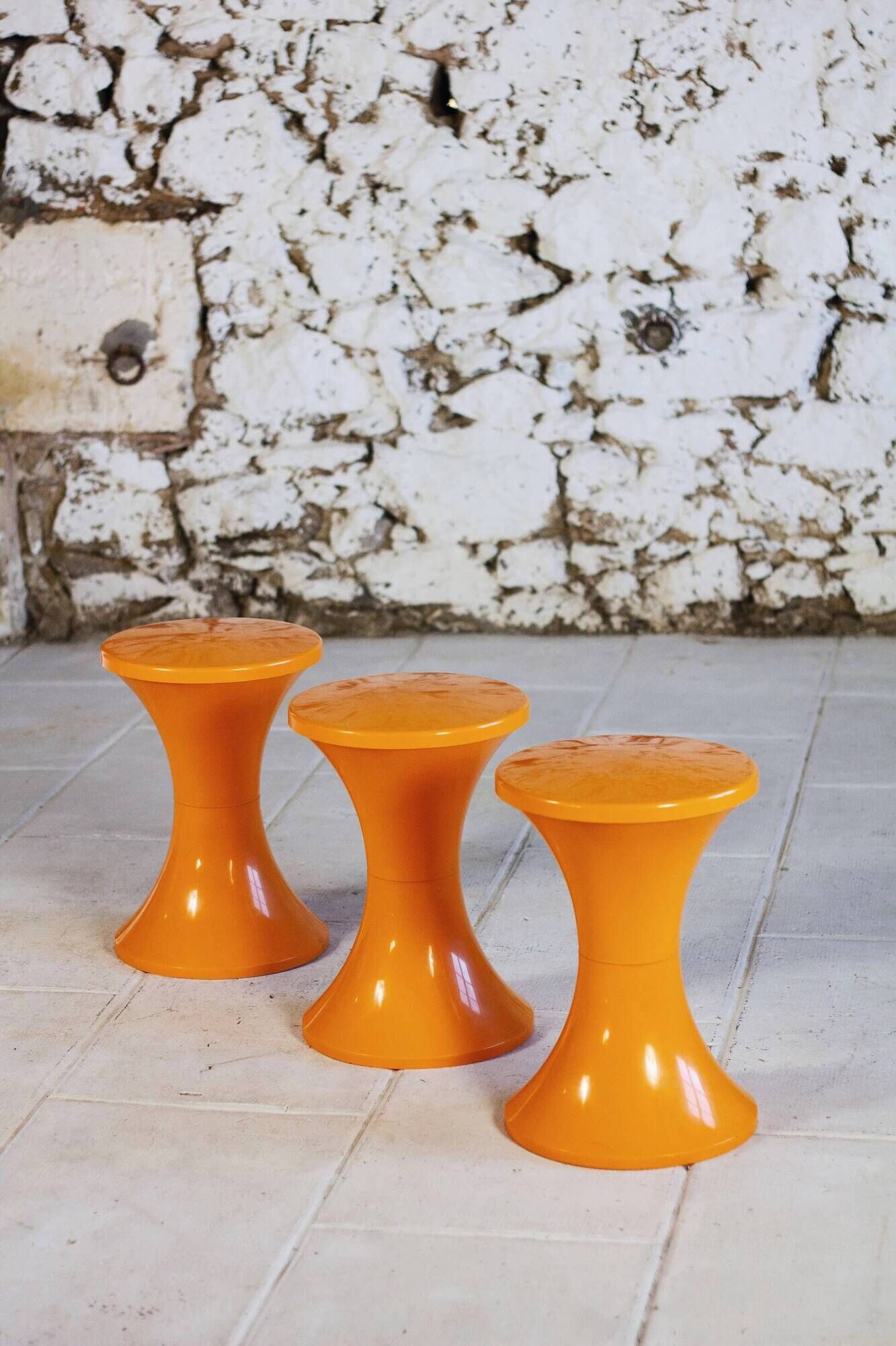 Set of 3 Tam Tam stools in orange by Henri Massonnet for Stamp, 1970.