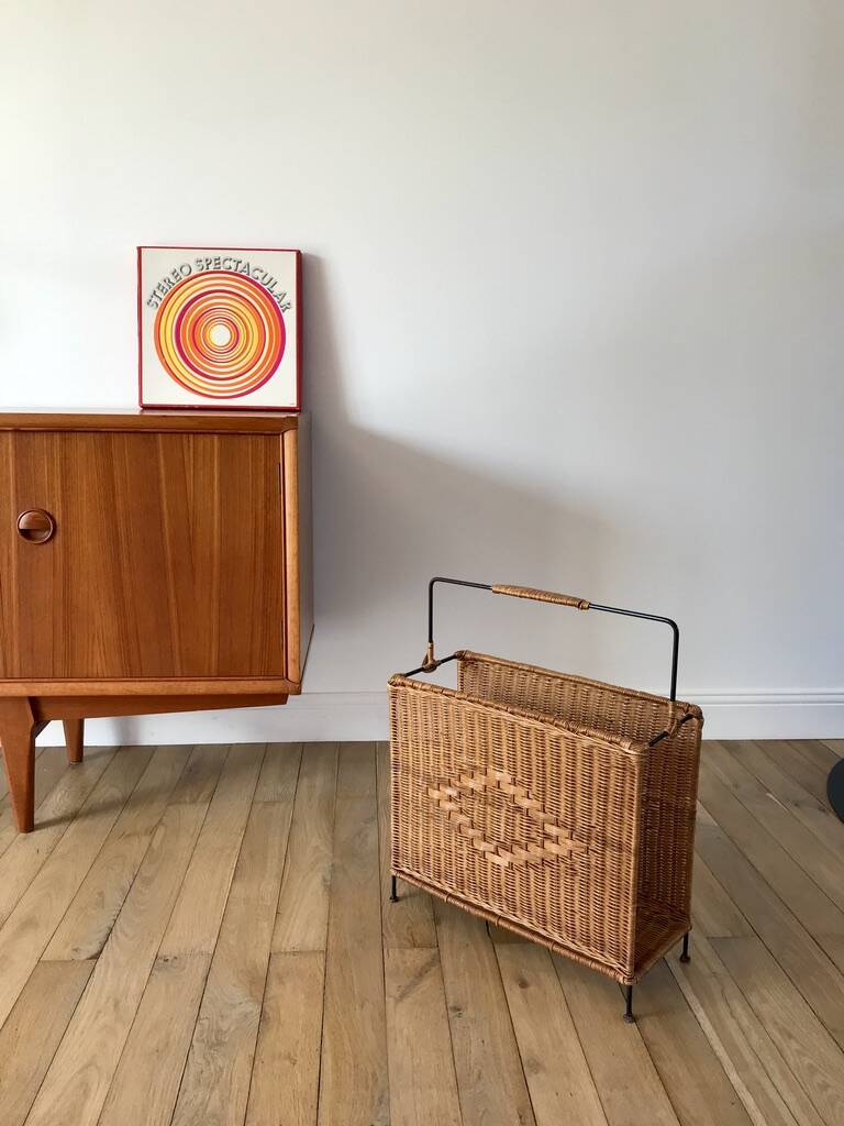 large wicker / rattan and black iron magazine rack from the 70s