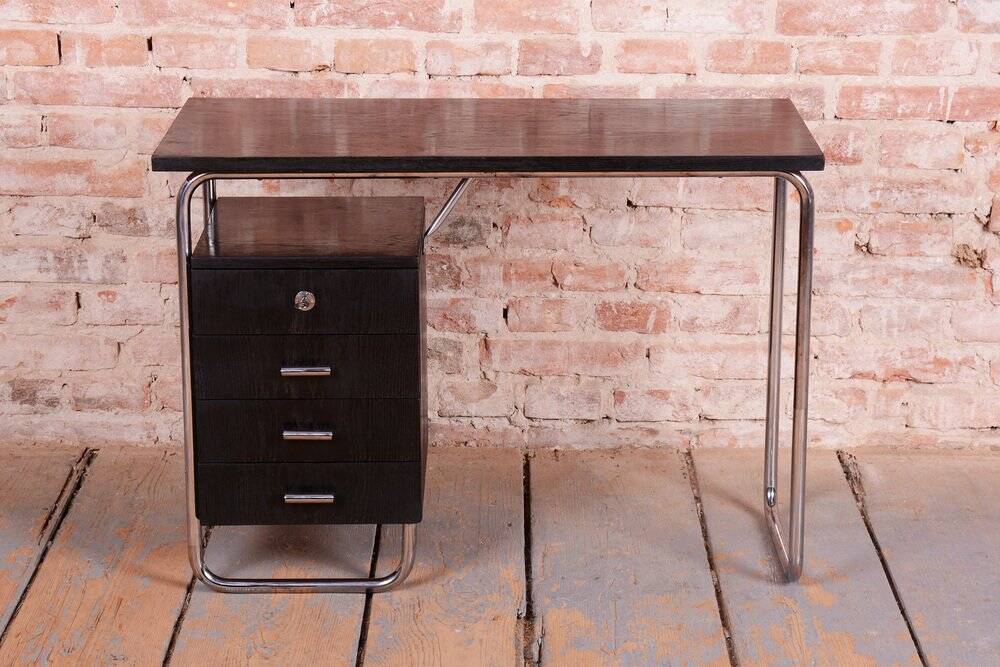 Bauhaus Writing Desk in Oak and Chromed Steel by Robert Slezák, Czech, 1930s