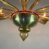 Venetian chandelier in gilded Murano glass highlighted with a red net, Venini circa 1940