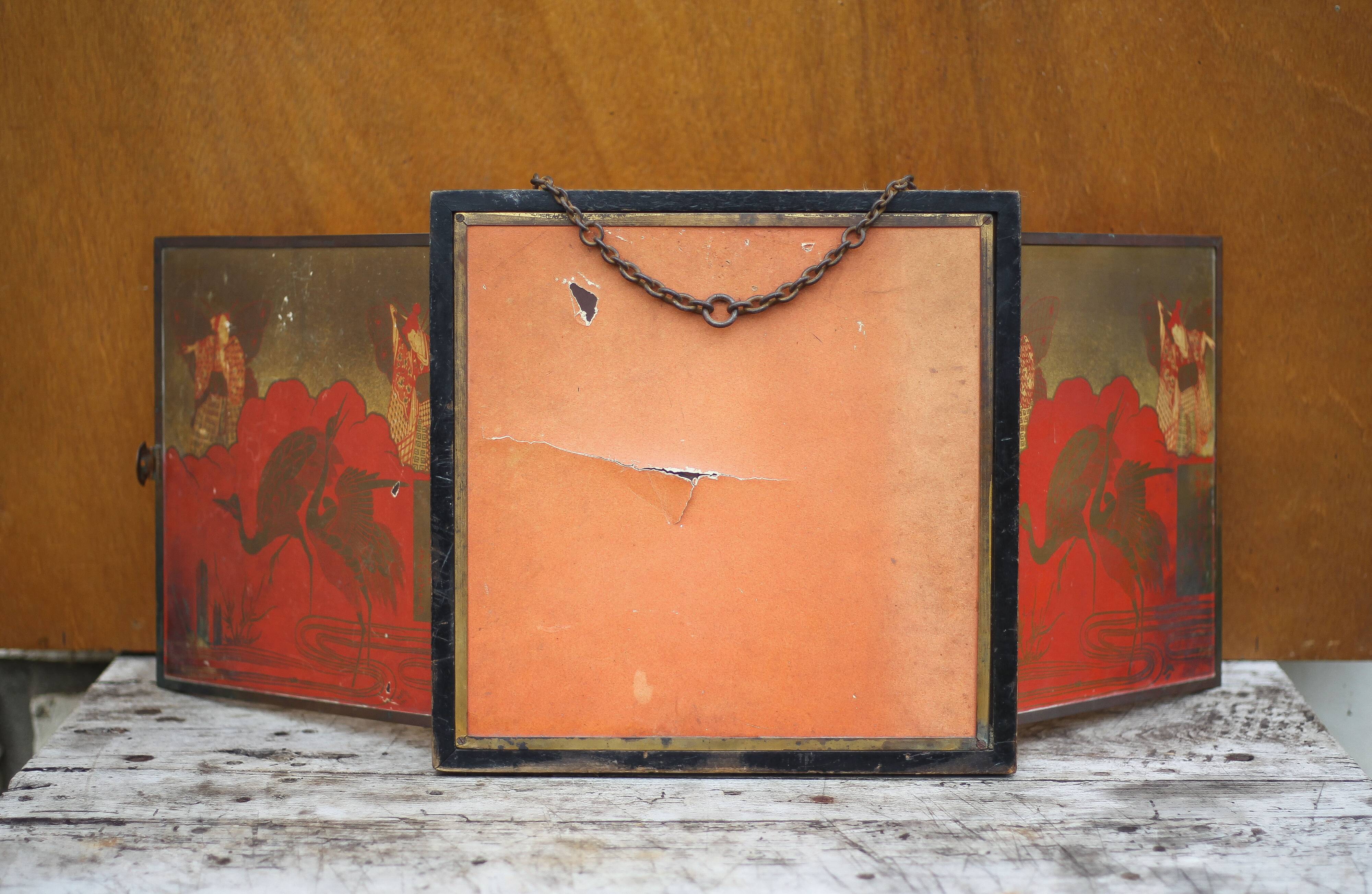 Vintage triptych mirror, wall mirror, barber mirror, collection, Asian pattern mirror