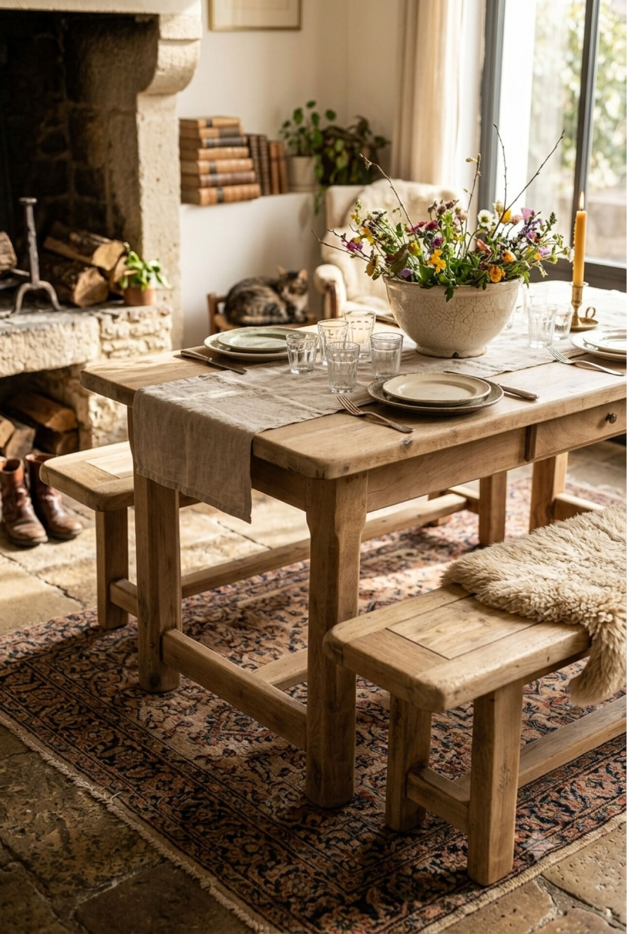 2 stripped farmhouse benches in solid oak 1950 200cm