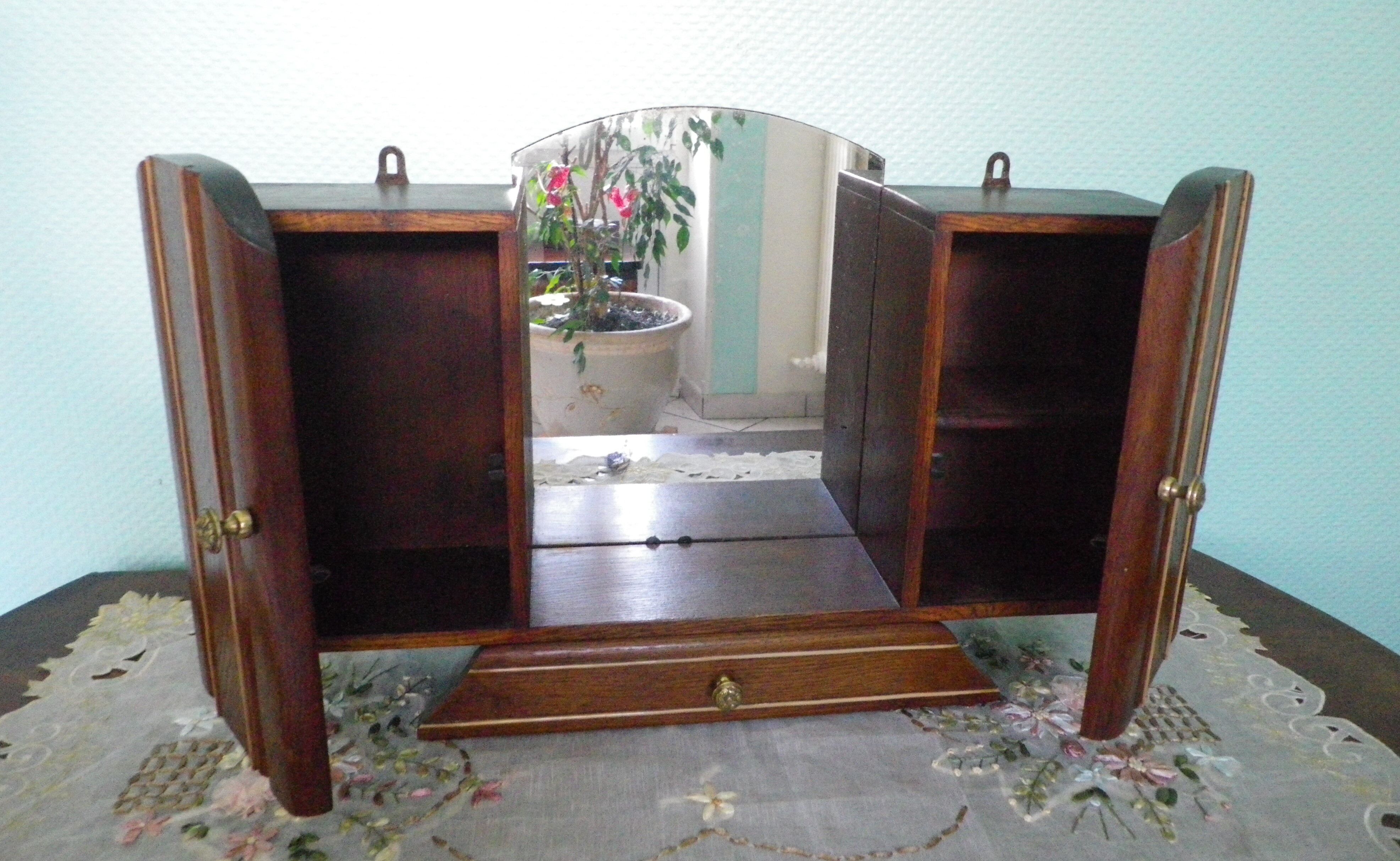 Art Deco extra furniture 1920/1940 to install or fix, wooden, central mirror, 2 doors, 1 drawer