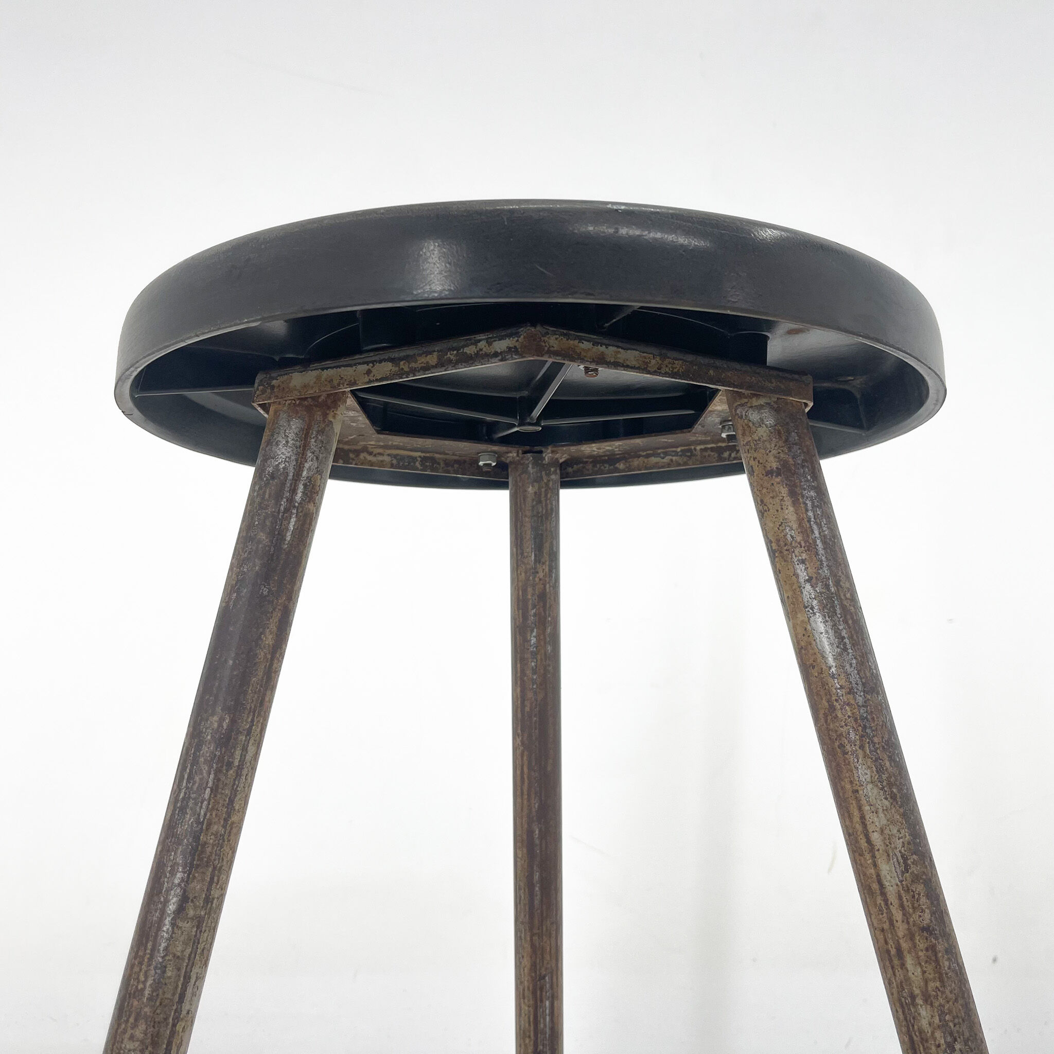 Vintage Industrial Iron Tripod Stool with Original Plastic Seat, 1950's