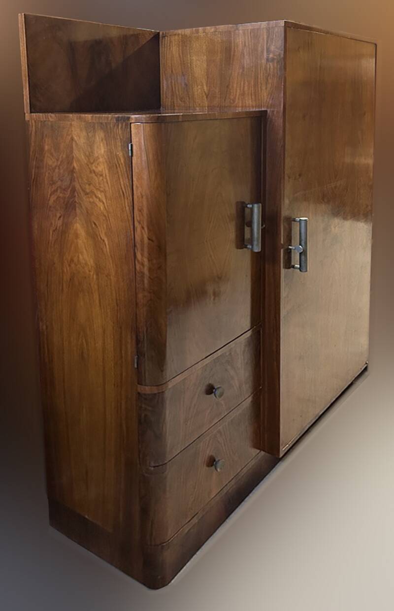 Asymmetrical wardrobe, Art Deco, 1930s walnut burl, wardrobe, shelves, drawers