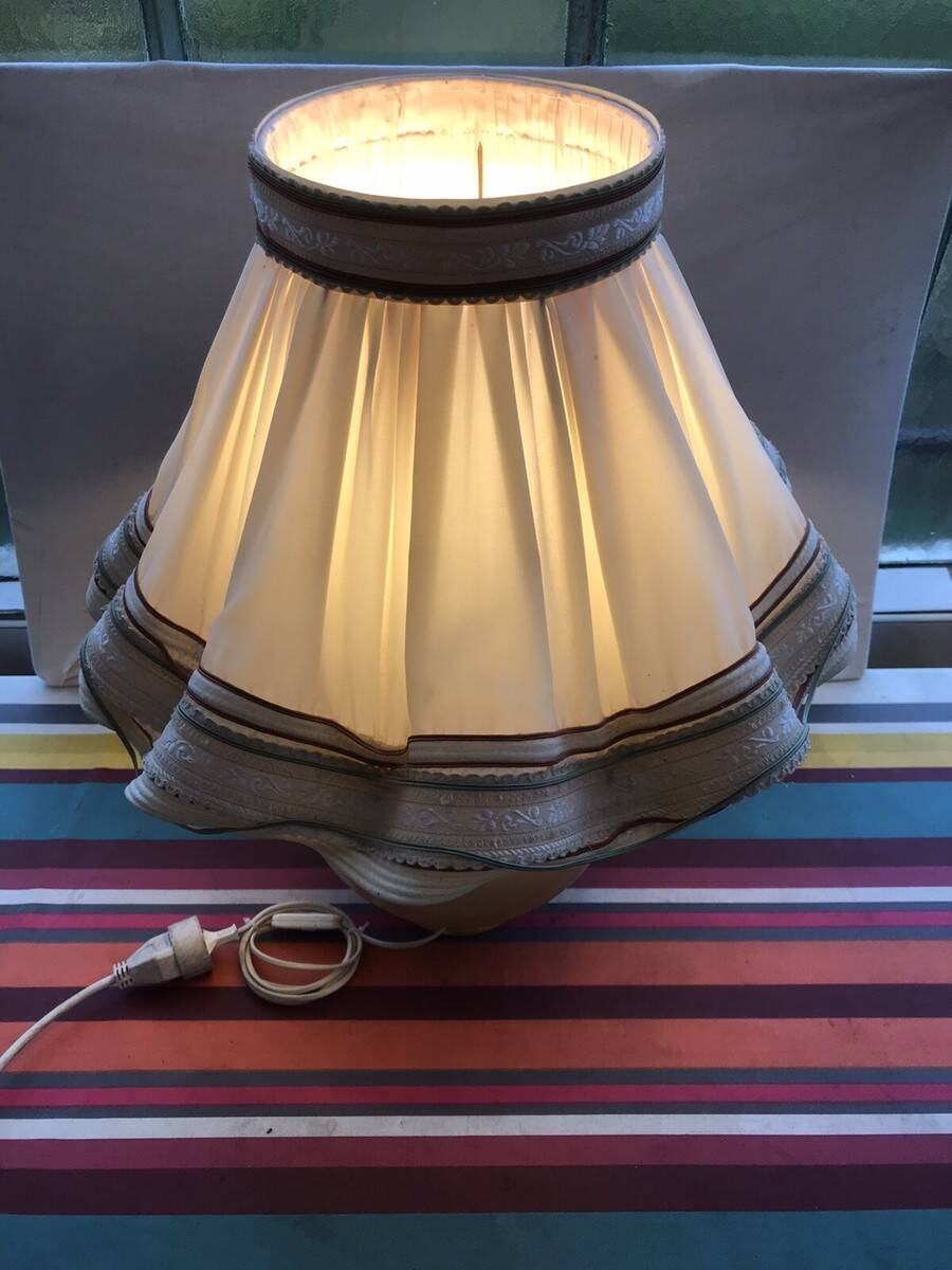 Vintage kostka lamp ceramic honey & gold + draped fabric shade burgundy