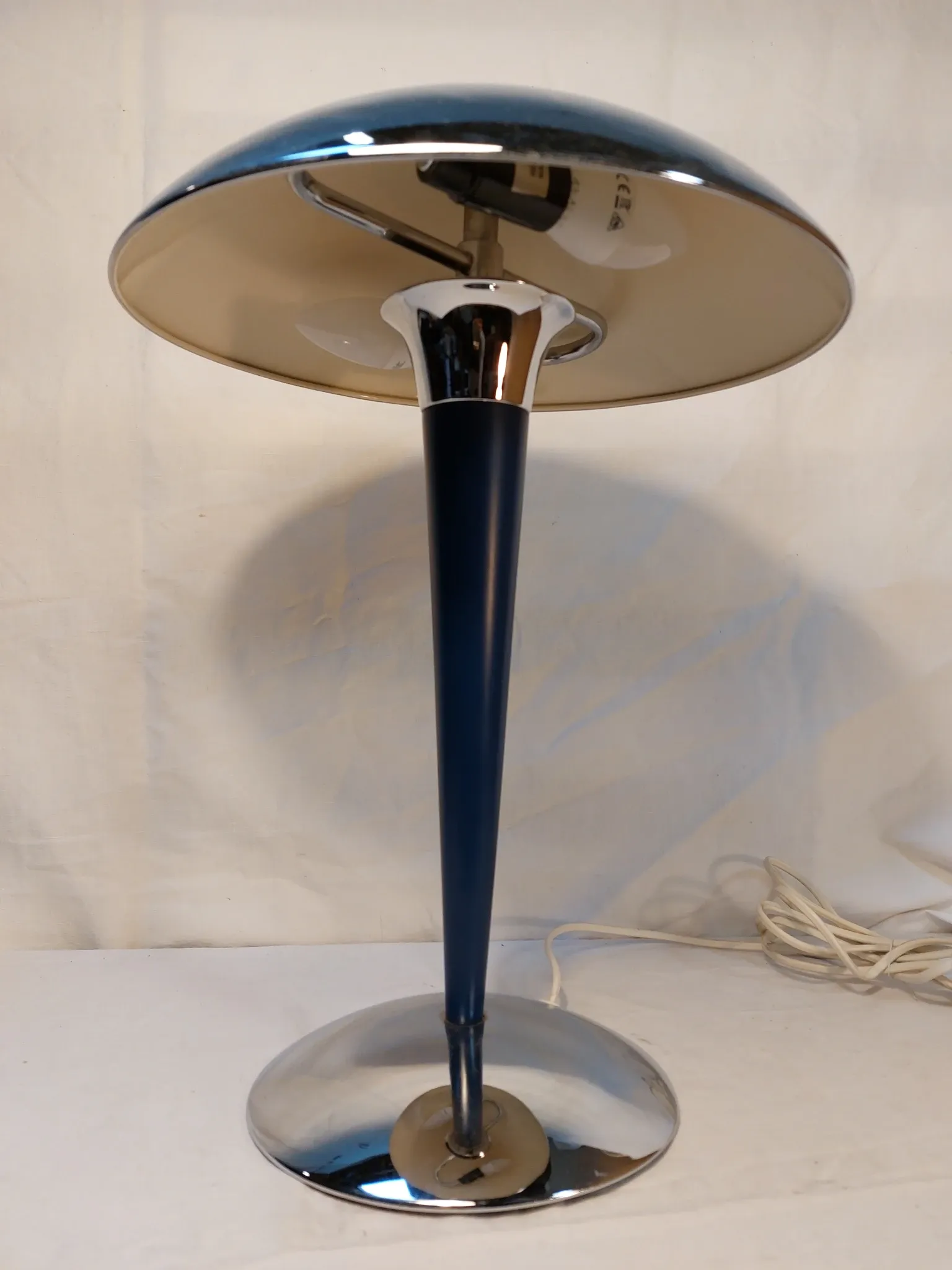 Vintage blue and chrome ocean liner lamp, double lighting, Collins 70s style.
