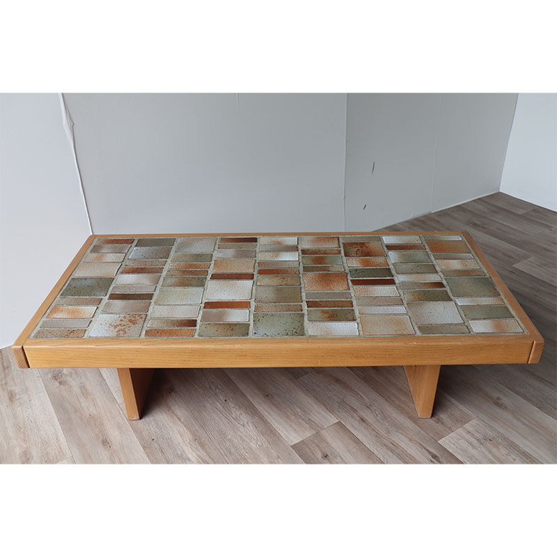 Table basse vintage Maison Regain en céramique et orme 1970