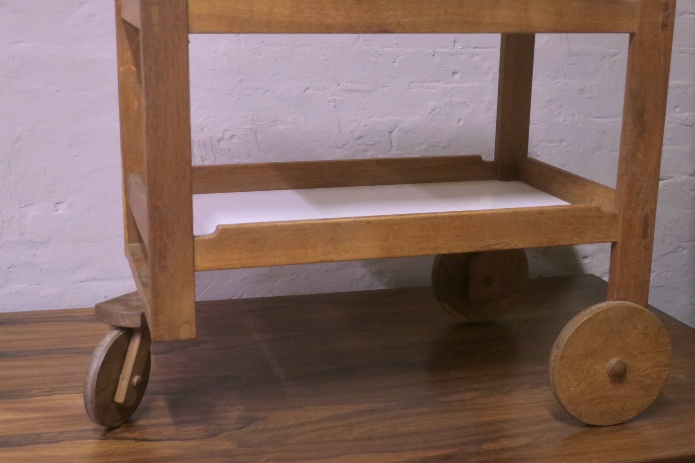 Brutalist Scandinavian bar cart / serving trolley in solid oak, 1950s