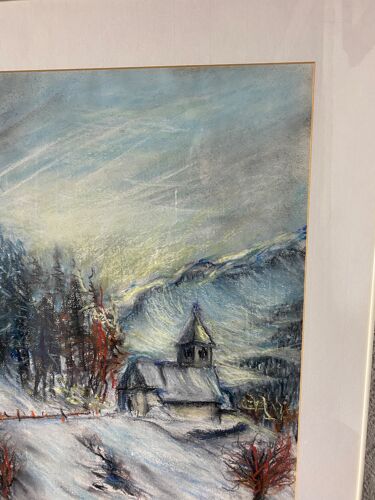 Pastel "chapelle sous la neige" signée