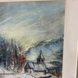 Pastel "chapel under the snow" signed