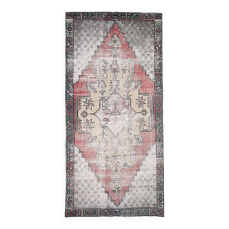 Tapis turc Antique en laine fait à la main, 4x9 nuances de rouge et jaune, 129x267Cm