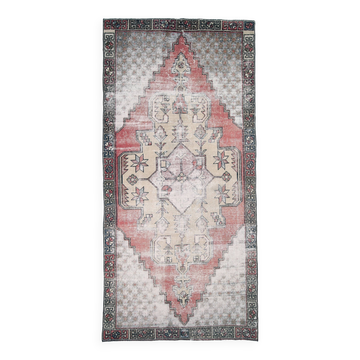 Tapis turc Antique en laine fait à la main, 4x9 nuances de rouge et jaune, 129x267Cm