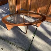 Astro oval coffee table in brown teak with glass top — Victor Wilkins, G-Plan (1960s)