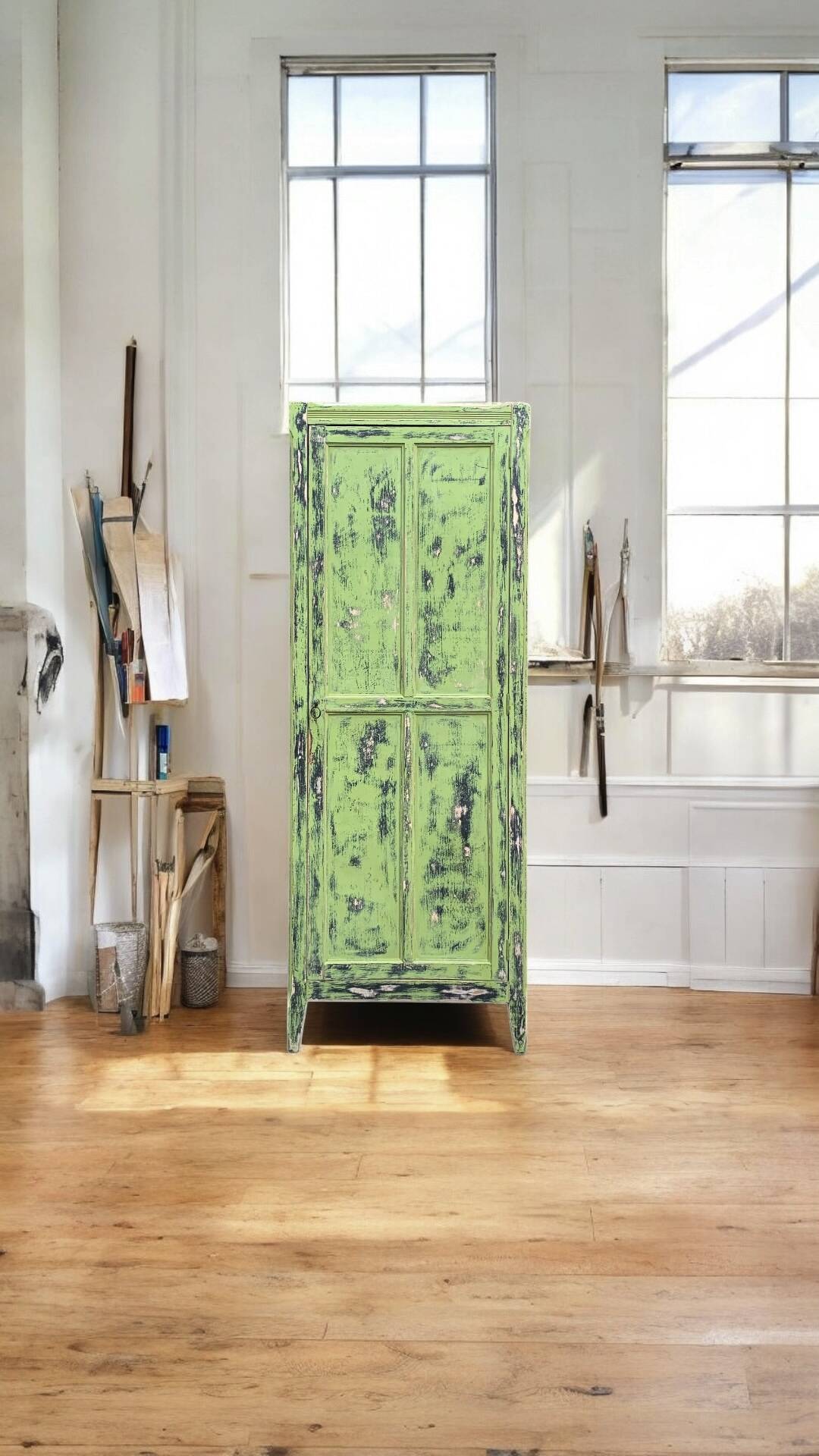 Antique Parisian bonnet wardrobe with khaki patina