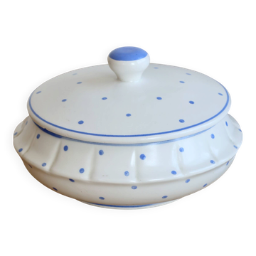 Bonbonnière vintage faïence ivoire pois bleu