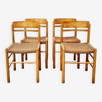 Set of 4 chairs in light oak and rope seat