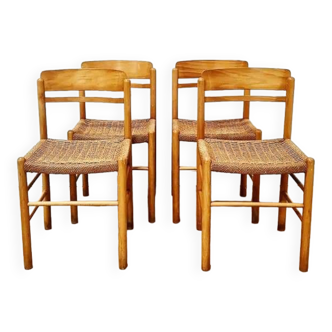 Set of 4 chairs in light oak and rope seat