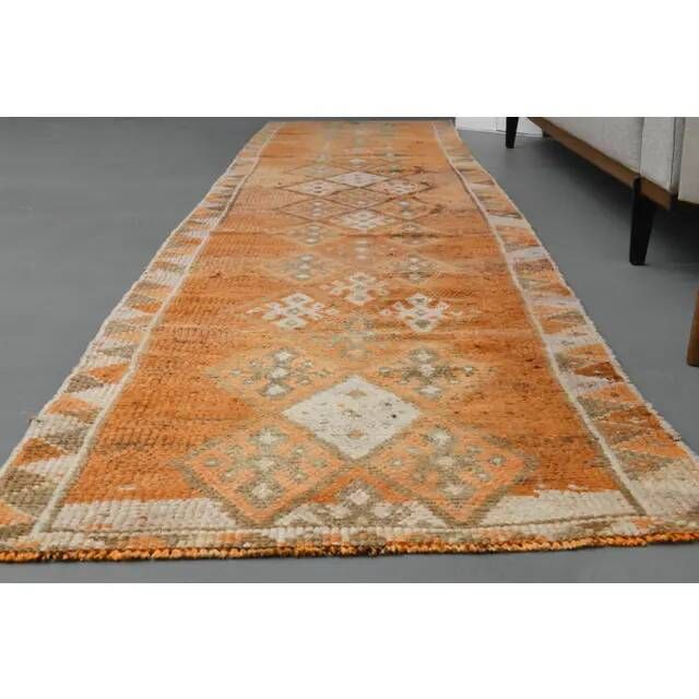 Vintage Turkish hand-knotted wool cotton orange runner rug 83x388