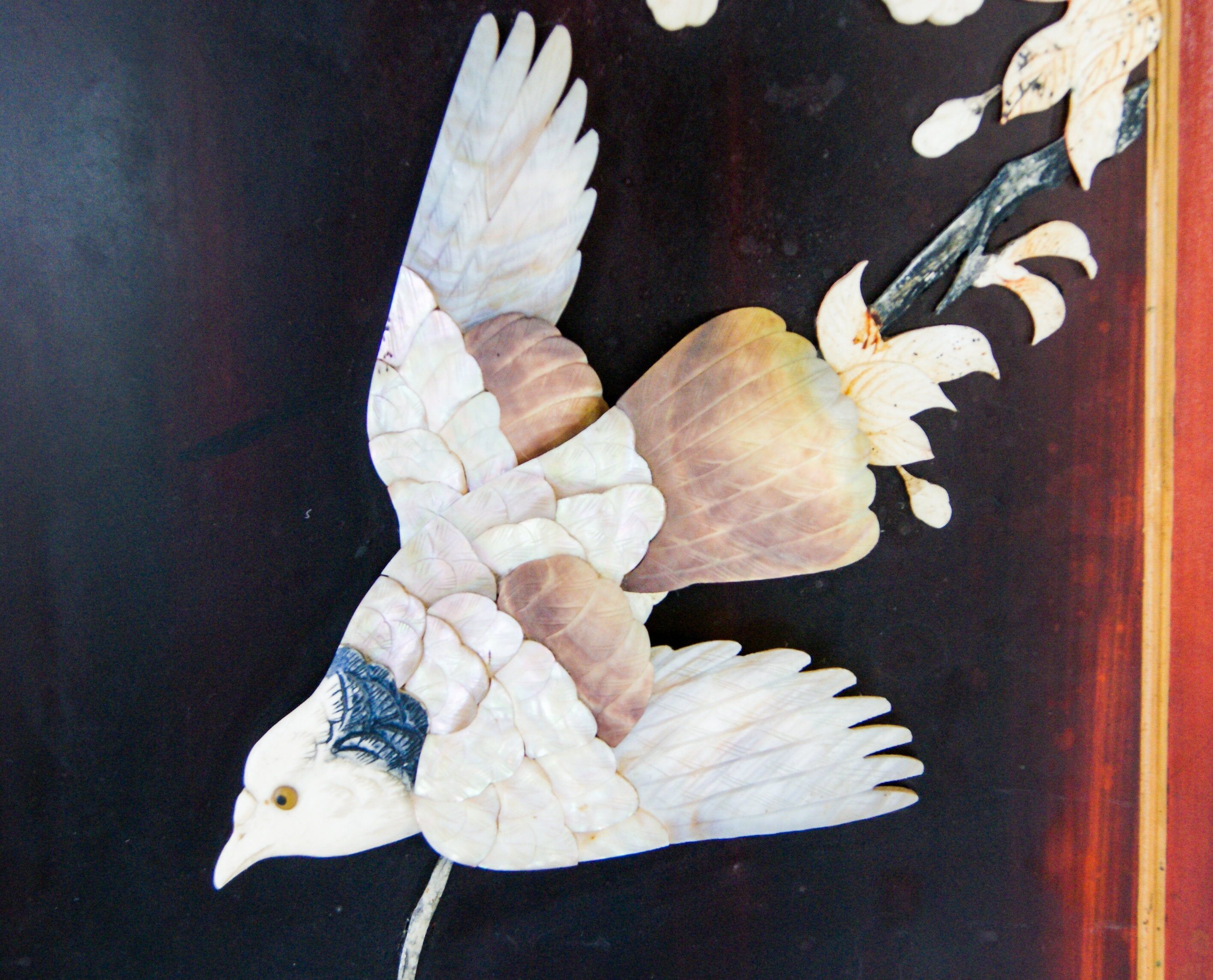 Early 20th century 4 panel room divider folding screen with 3d birds