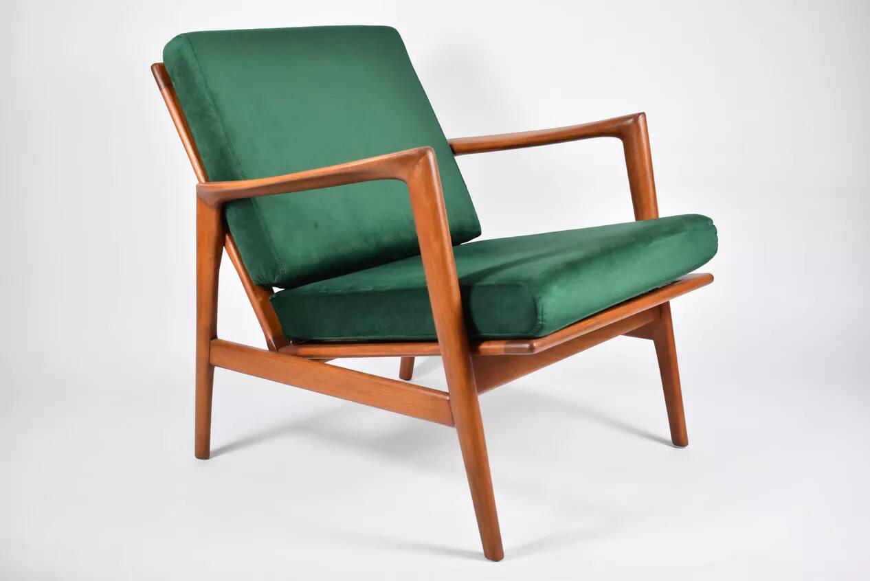 Fauteuil scandinave restauré d'origine, icône des années 60, velour