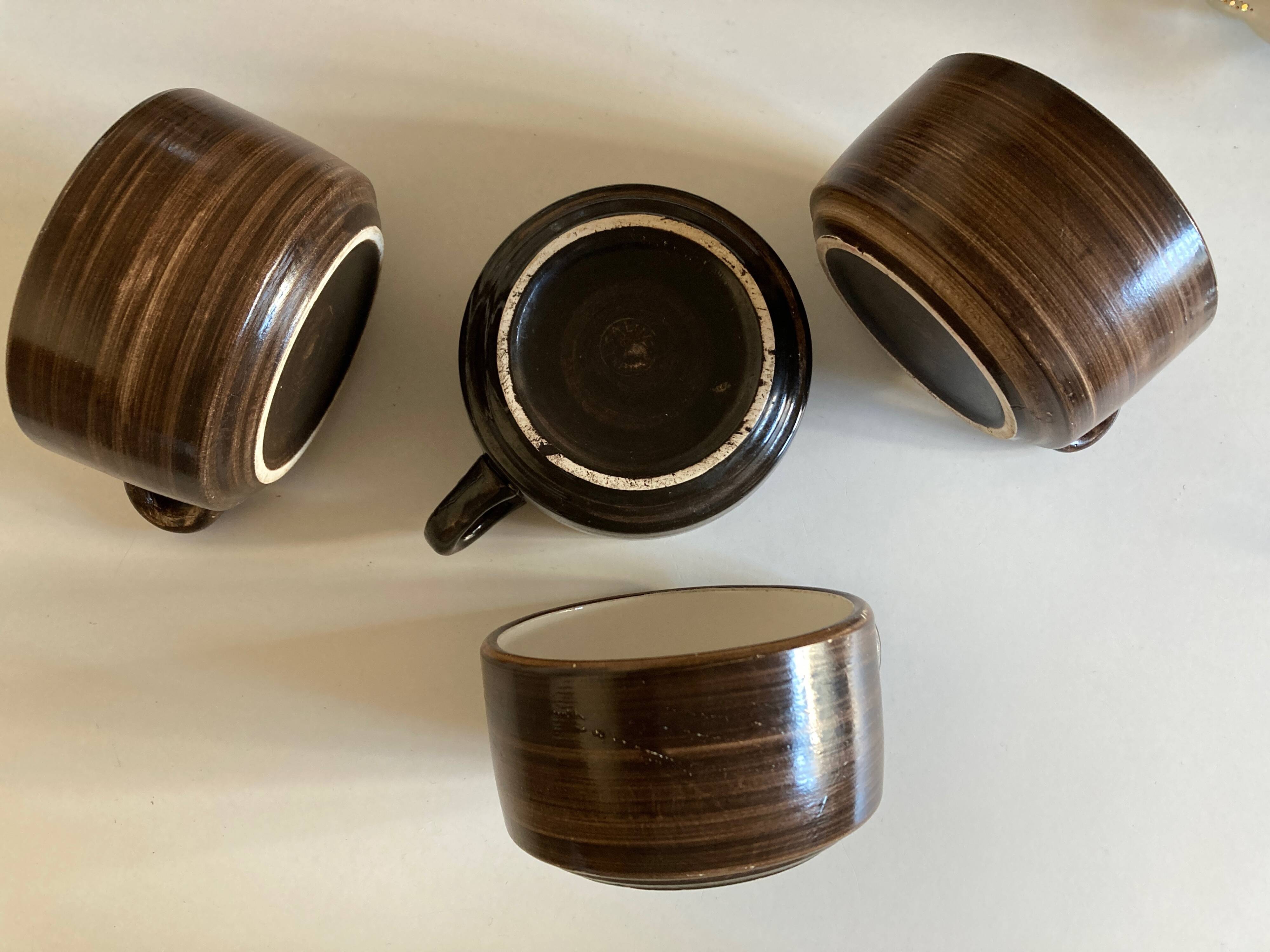 Set de 4 tasses déjeuner Salins décor bois 1970