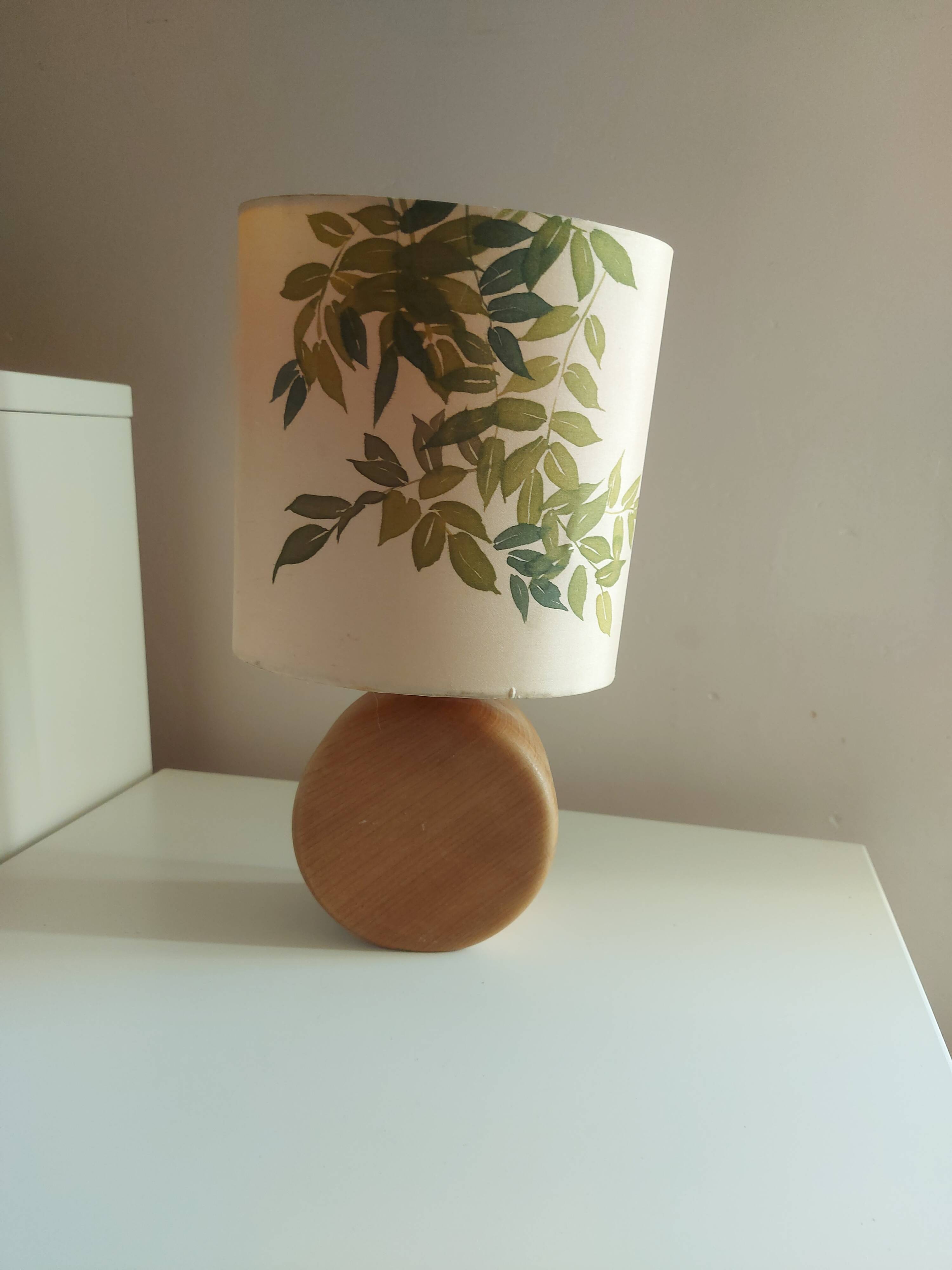 Wooden lamp with silk lampshade, hand painted, signed