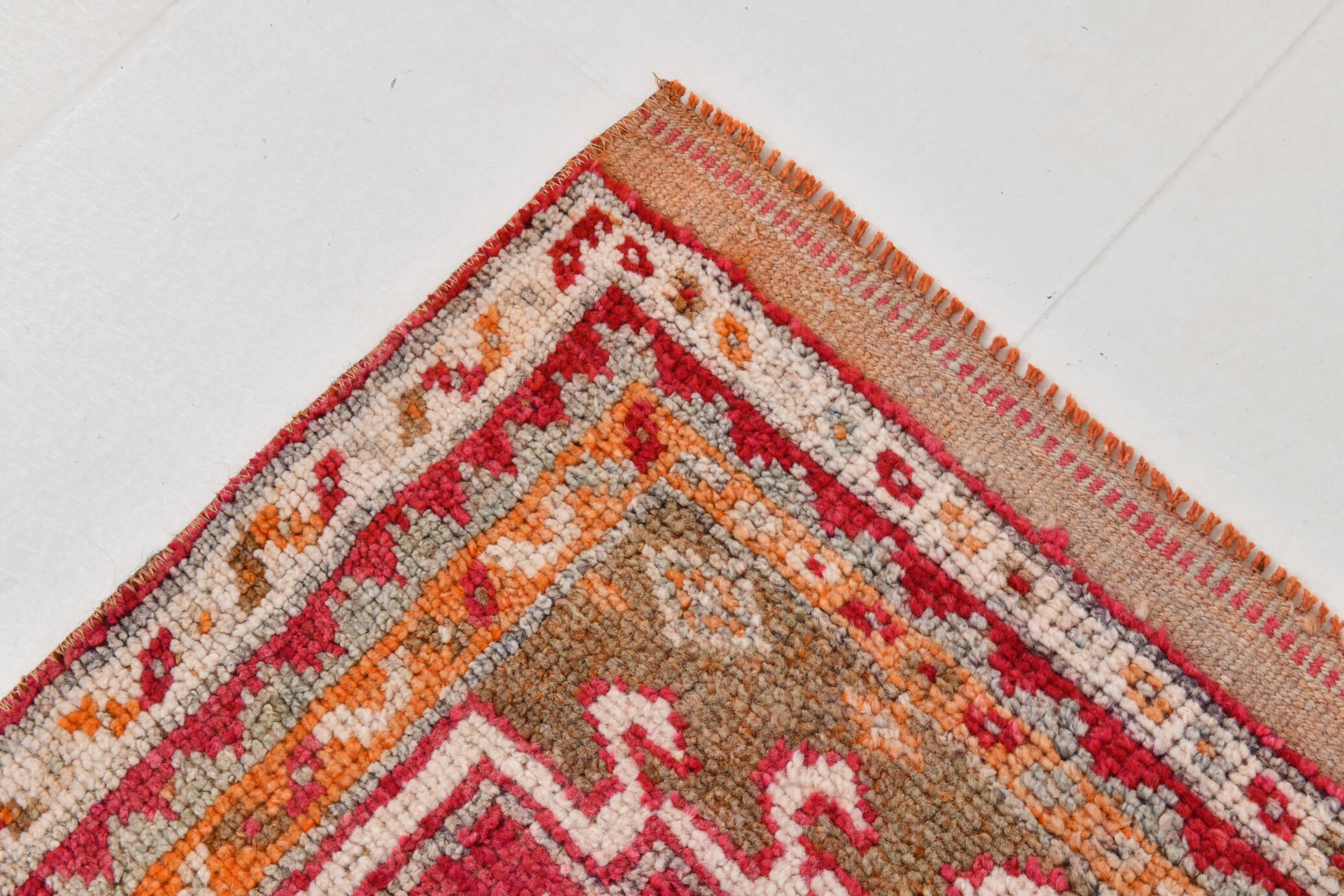 2x13 Soft Orange & Fuchsia Pattern Rug, Vintage Ousahk Runner Rug,90x381 Cm