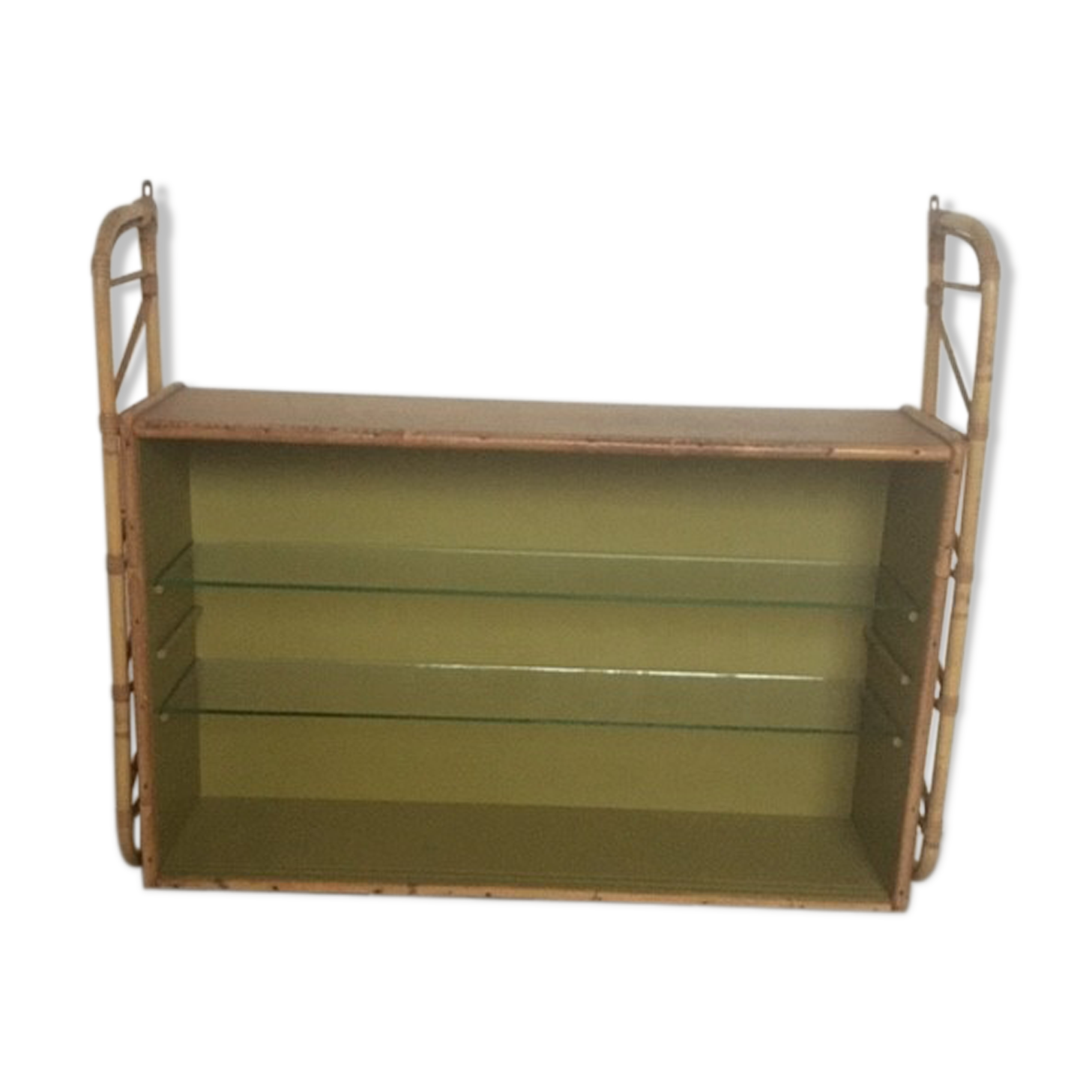 Wooden and rattan wall shelf