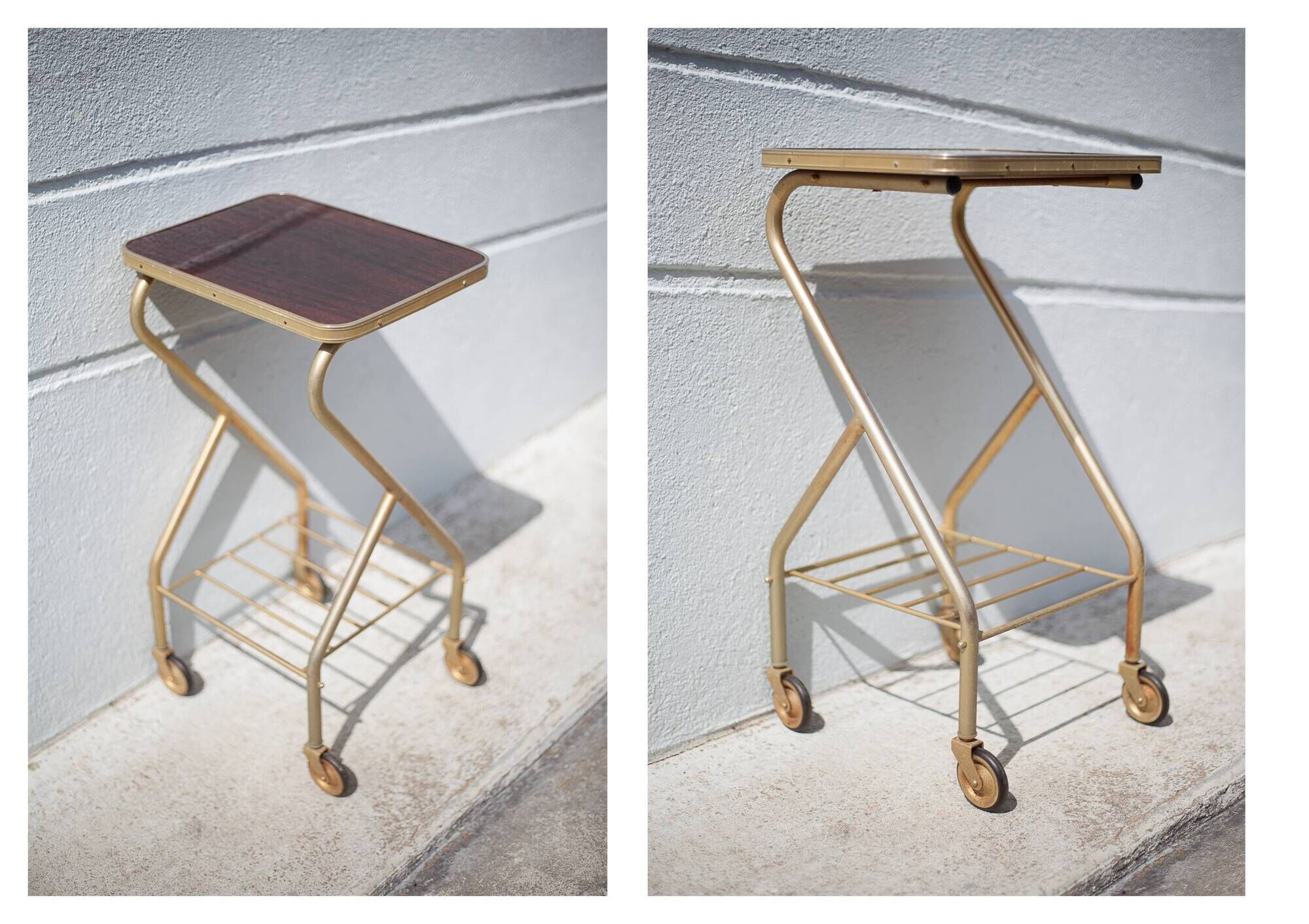 Metal wheeled tray with formica top, vintage wheeled cabinet, vintage side table