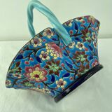 Large earthenware basket, Longwy enamels, turquoise blue cloisonné, twisted handle, stamp