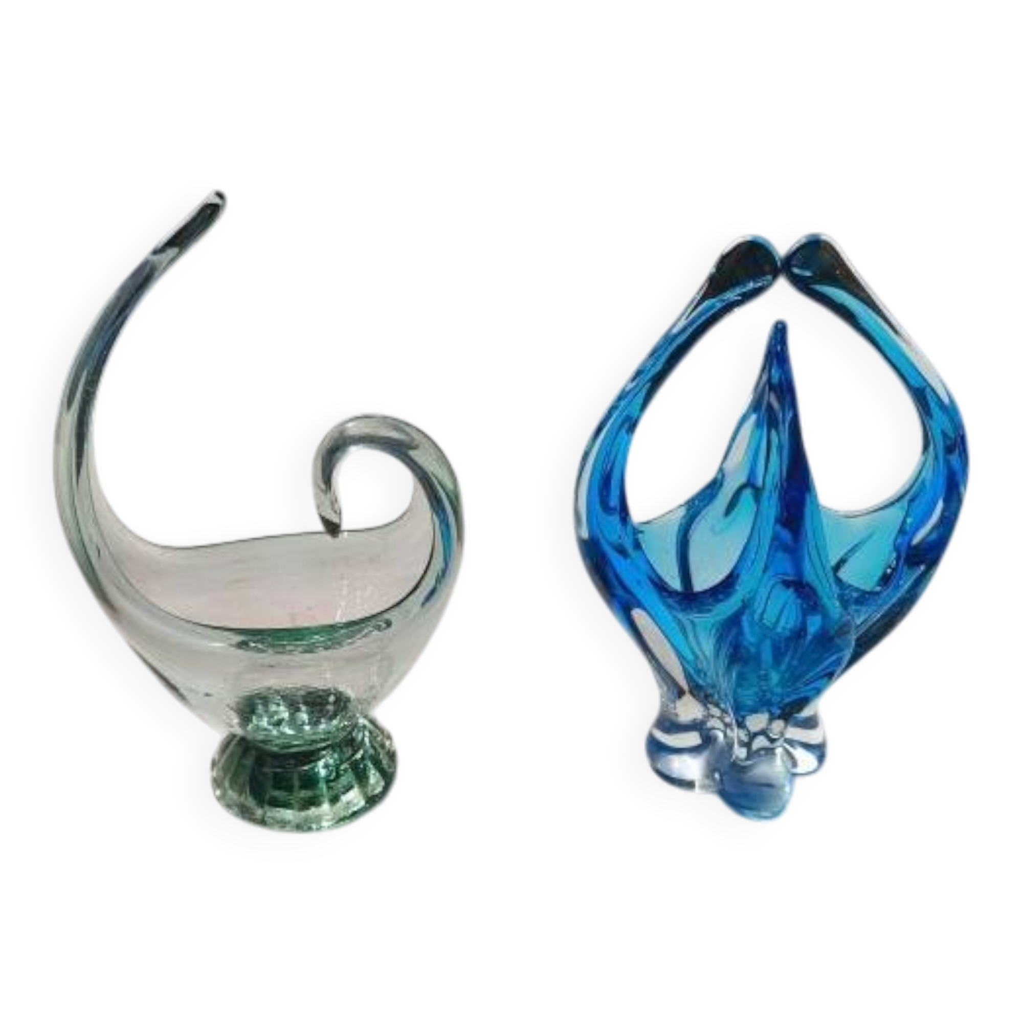 2 blue crystal and blown glass pocket vases