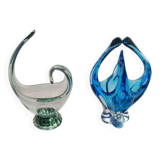 2 blue crystal and blown glass pocket vases
