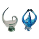 2 blue crystal and blown glass pocket vases