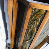 Vestiaire ancien cuivre et bois, meuble porte manteaux vintage pour entrée