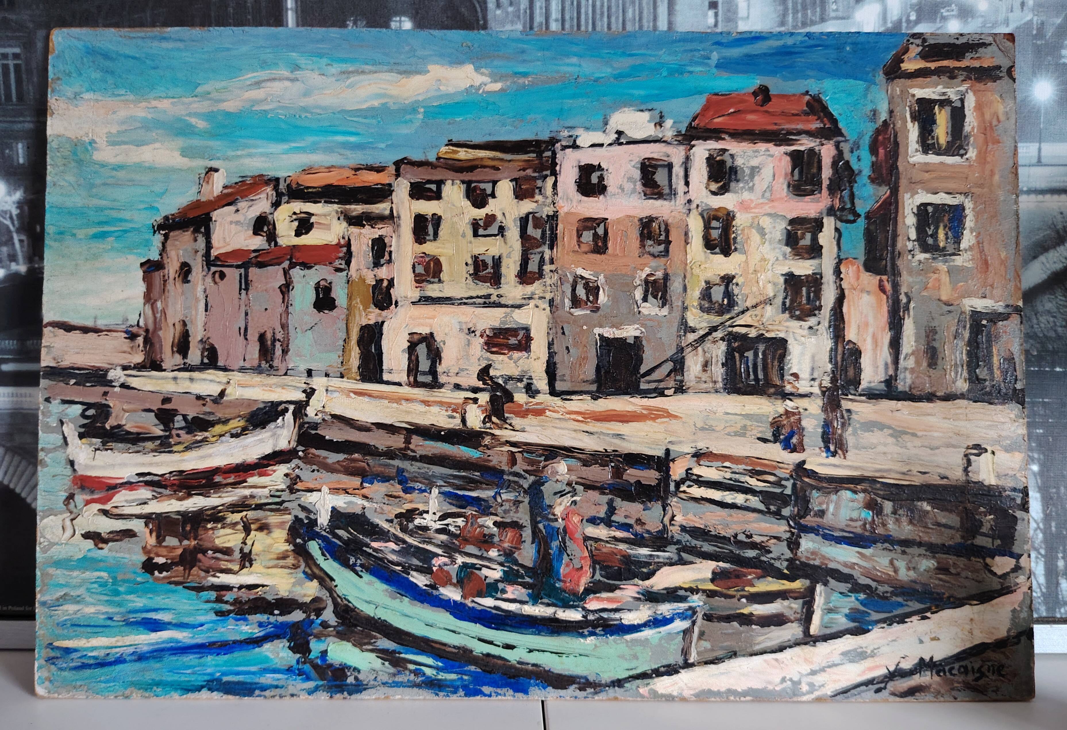 Fishing port painting - oil on wood panel, signed y. macaigne