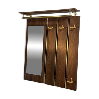 Coat rack in wood and brass and mirror, 60s-70s