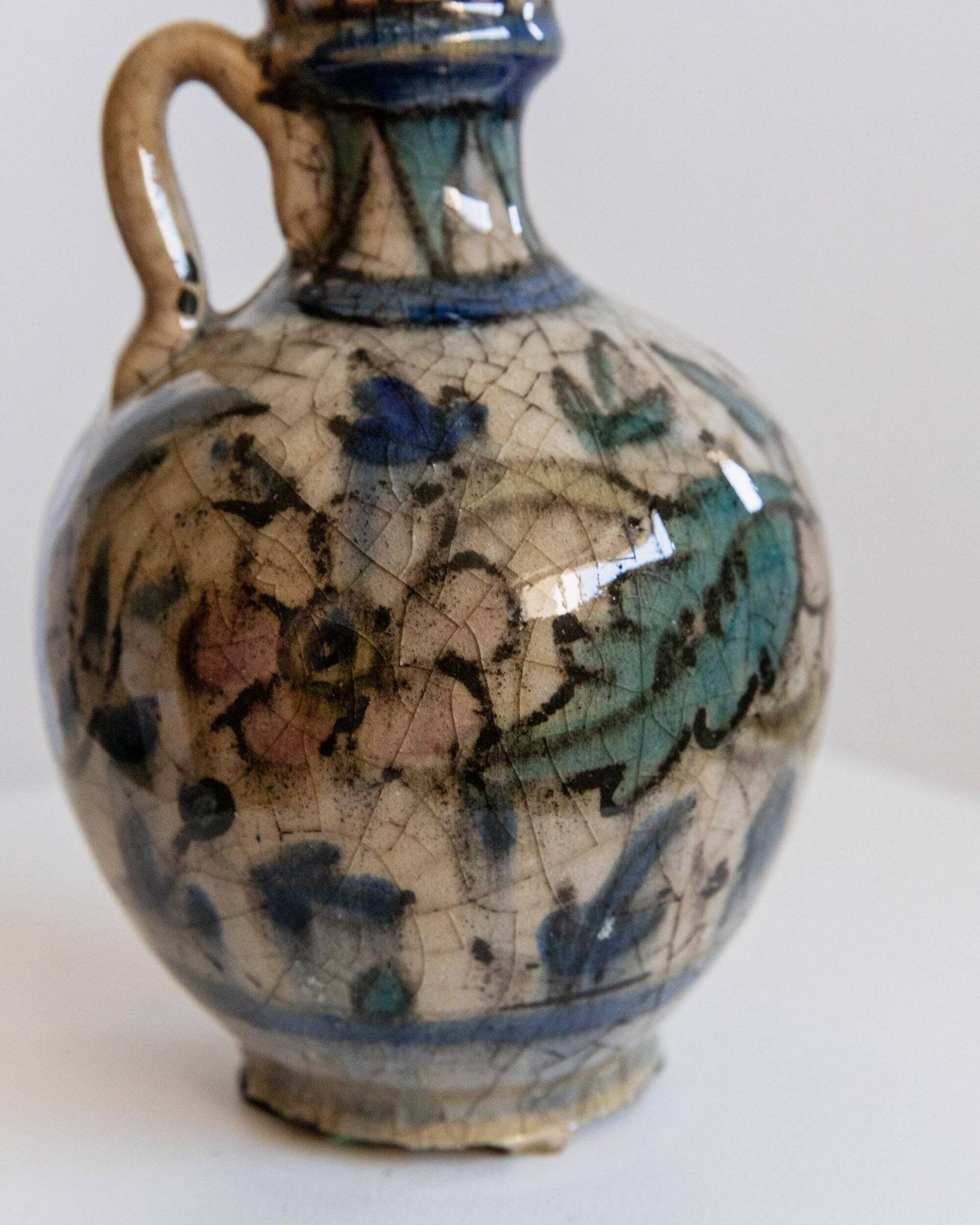 Antique 18th-century ceramic vase, hand-painted, Near Eastern design with floral motif and handle, small decorative art piece, gift idea.