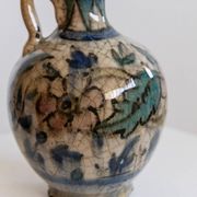 Antique 18th-century ceramic vase, hand-painted, Near Eastern design with floral motif and handle, small decorative art piece, gift idea.